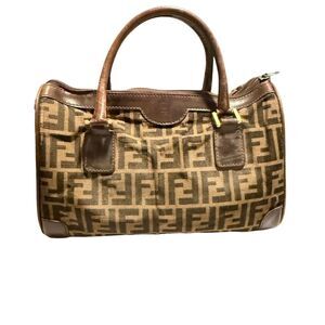Vintage Fendi Zucca Canvas Leather Satchel Top Handle Bag Brown FF